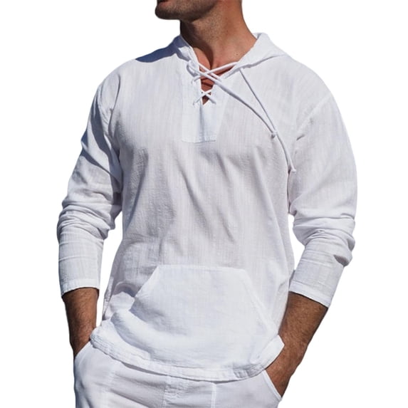 Mens Linen Beach Hoodie Lace-Up V-Neck Long Sleeve T-Shirt Lightweight Sweatshirts Pullover Summer Hippie Shirts, M