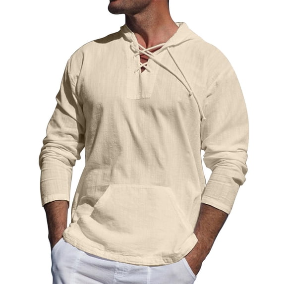 Mens Linen Beach Hoodie Lace-Up V-Neck Long Sleeve T-Shirt Lightweight Sweatshirts Pullover Summer Hippie Shirts, S