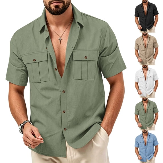 Mens Linen Button Down Shirt Short Sleeve Dual Chest Pocket Relaxed Fit Collared Open Front Casual Beach Overshirt
