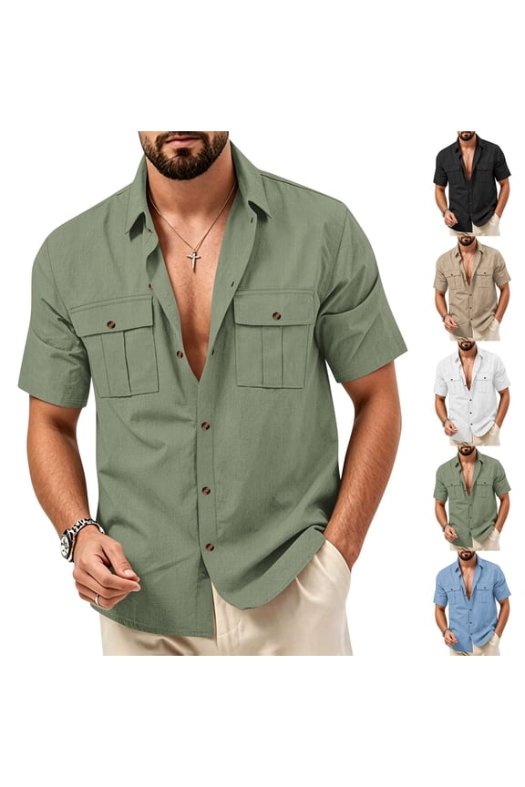 Mens Linen Button Down Shirt Short Sleeve Dual Chest Pocket Relaxed Fit Collared Open Front Casual Beach Overshirt