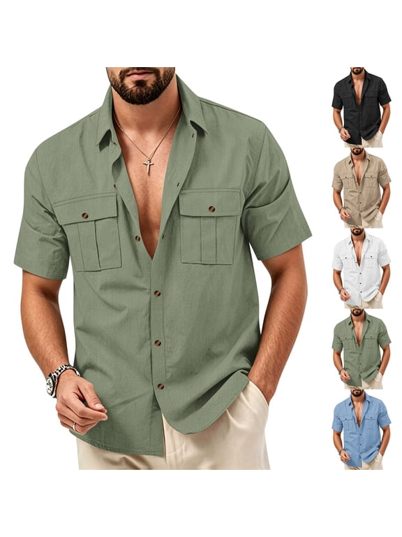 Mens Linen Button Down Shirt Short Sleeve Dual Chest Pocket Relaxed Fit Collared Open Front Casual Beach Overshirt