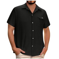 Mens Linen Button Down Shirts Short Sleeve Summer Beach Shirt Casual Hawaiian Dress Shirts for Men with Two Pockets