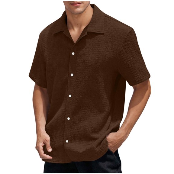 Mens Linen Button Down Shirts Textured Classic Fit Short Sleeve Beach Casual Lapel Collared Tops Blouses (S, Coffee)