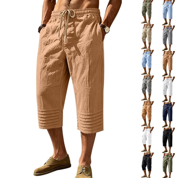 Mens Linen Capri Pants Loose Lightweight Below Knee 3/4 Pants Drawstring Gym Workout Long Shorts Travel Beach Pant Earthy Yellow M