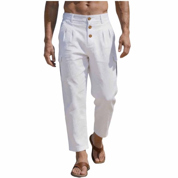 Mens Linen Cargo Pants Casual Lightweight Straight Leg Loose Fit Button Pant Summer Beach Yoga Trousers With Pockets