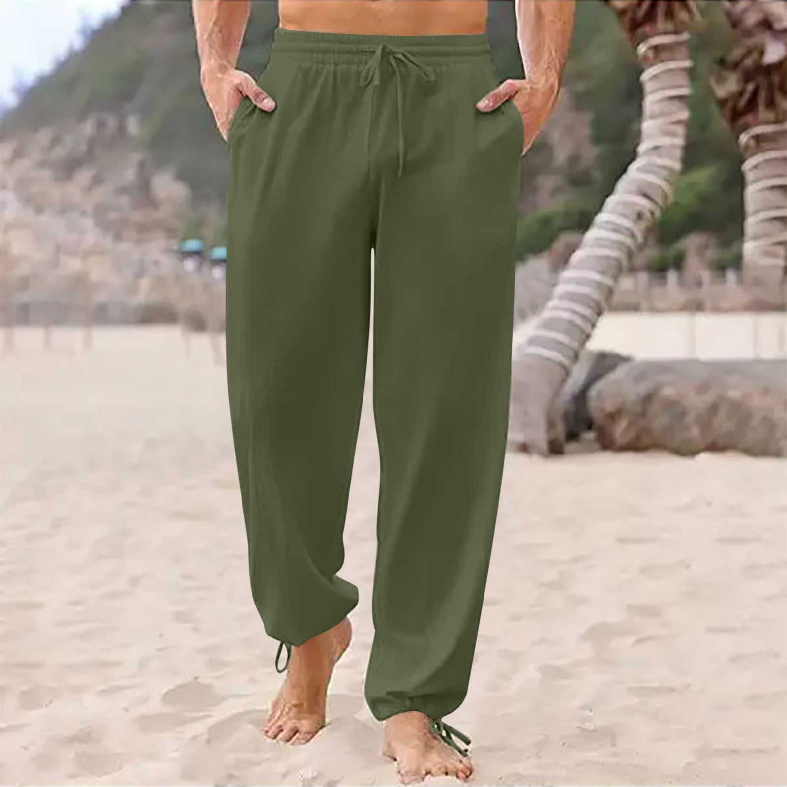  PASLTER Men's Cotton Linen Pants Casual Elastic Waist  Drawstring Trouser Lightweight Loose Straight-Legs Beach Yoga Pants Army  Green : Clothing, Shoes & Jewelry