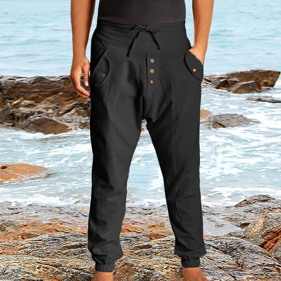Mens Linen Cargo Pants Lightweight Elastic Waist Drawstring Casual Loose Summer Beach Yoga Pants with Pockets Black L