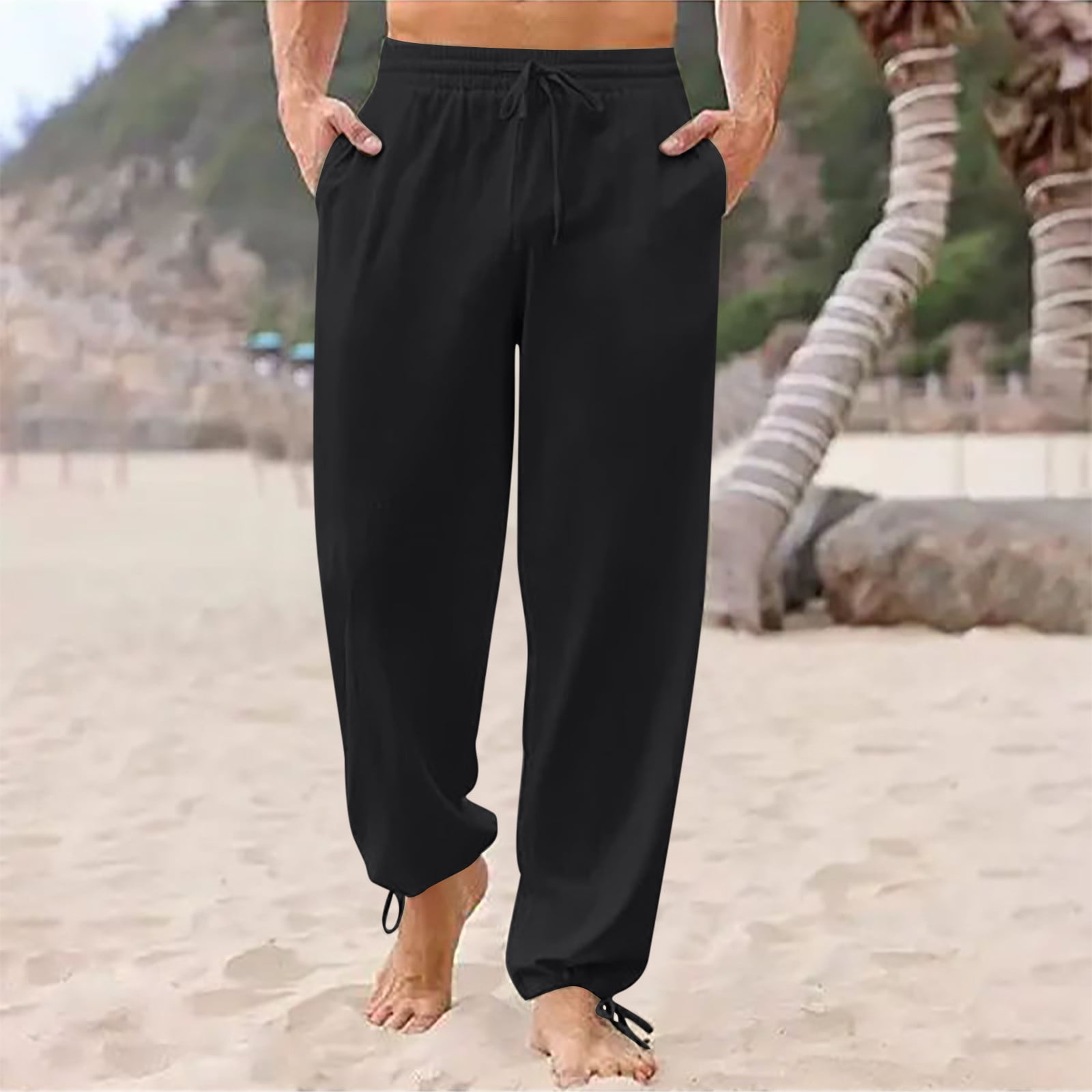 Mens Linen Cargo Pants Lightweight Elastic Waist Drawstring Casual Loose  Summer Beach Yoga Pants with Pockets Army Green XL 