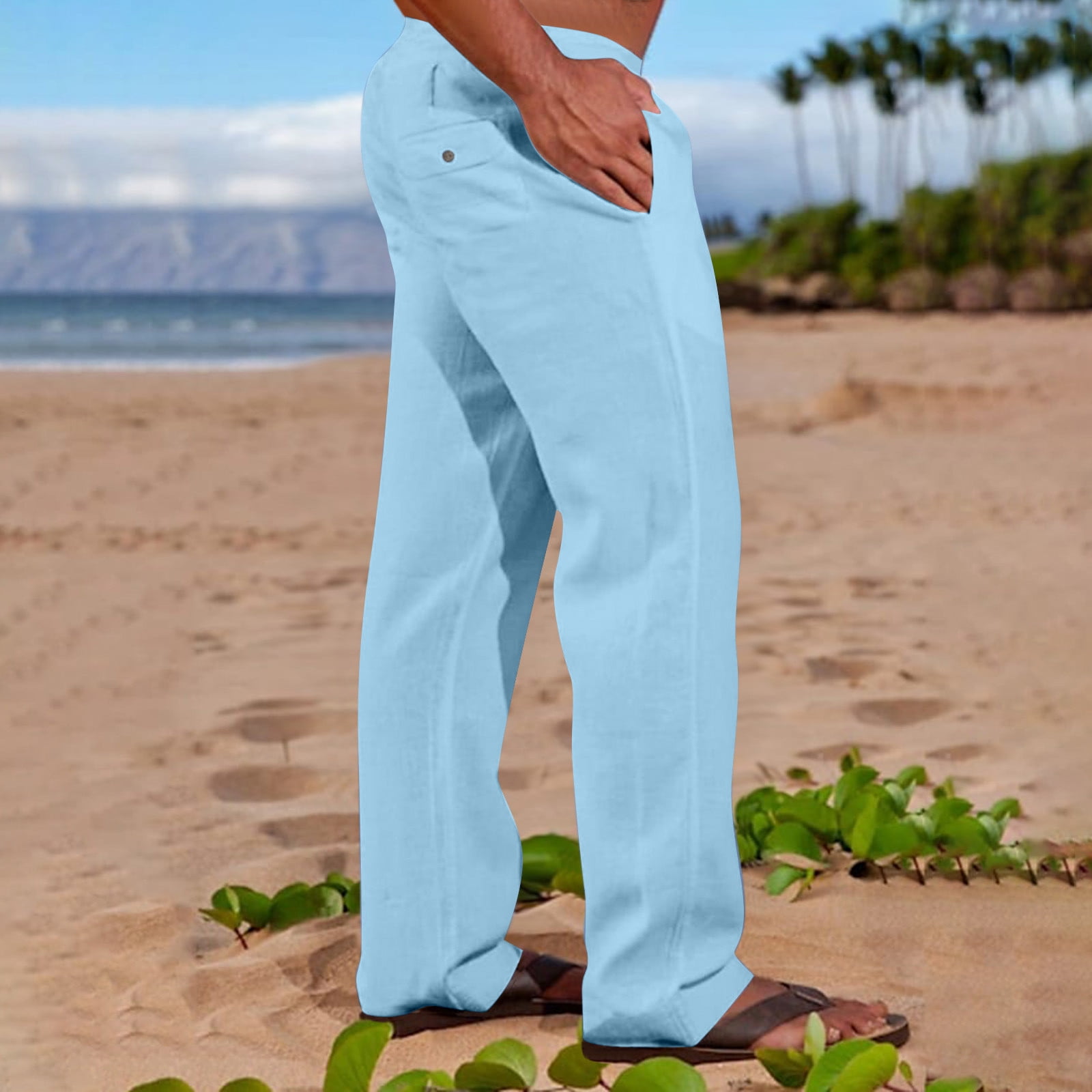 Men's Summer Beach Loose Cotton Linen Pants Yoga Drawstring Elasticated  Trousers