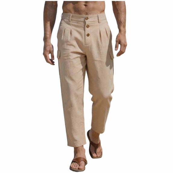 Mens Linen Cargo Pants Lightweight Golf Dress Pants Button Casual Loose Summer Beach Yoga Pants with Multi Pockets Size 3XL Khaki