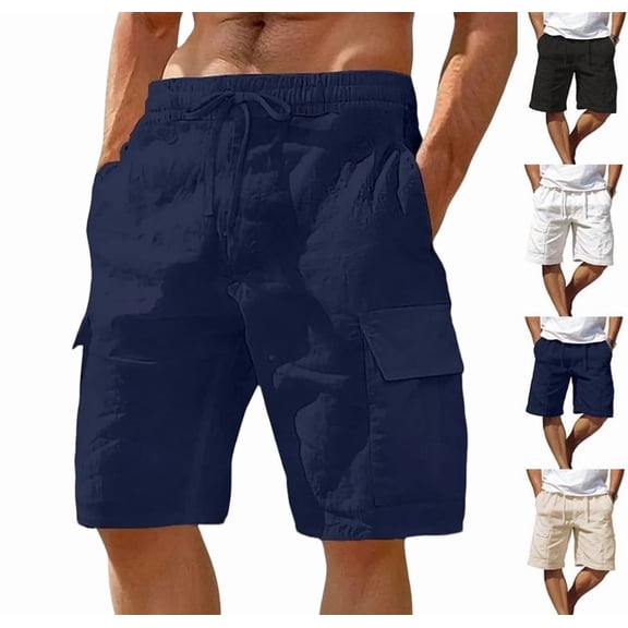 Mens Linen Cargo Shorts Casual Drawstring Shorts Relaxed Fit Summer Beach for Men Dark Blue 3XL