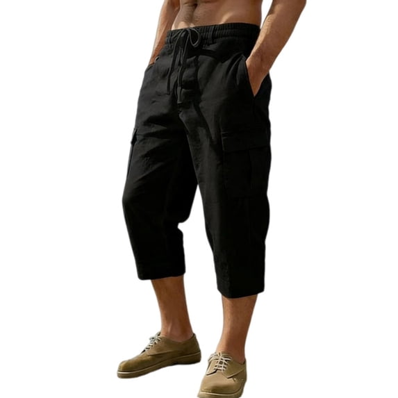 Mens Linen Cargo Shorts Elastic Waist Relaxed Fit Lightweight Casual Shorts with Pockets Classic Fit Shorts