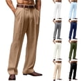 thumbnail image 1 of Mens Linen Casual Dress Pants Old Money Wide Leg Baggy Pleated Vintage Relaxed Fit Slacks Work Office Trousers Army Green 2XL, 1 of 3