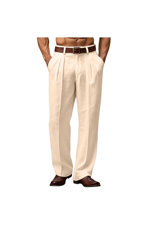 Mens Linen Casual Dress Pants Old Money Wide Leg Baggy Pleated Vintage Relaxed Fit Slacks Work Office Trousers Khaki XL
