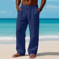 thumbnail image 1 of Mens Linen Cotton Casual Pants, Lightweight Straight Leg Lounge Pants with Button Waist & Side Pockets, Loose Fit Summer Beach Yoga Trousers for Men, Comfortable Relaxed Fit Paperbag Trousers Navy XL, 1 of 10