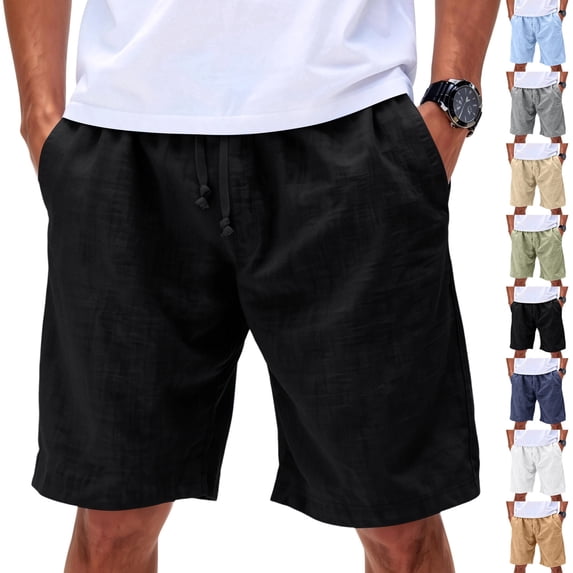 Mens Linen Cotton Elastic Waist Drawstring Shorts Side Pockets Relaxed Fit Knee Length Capris Lightweight Breathable Summer Daily Casual Beach Bottoms , #01 Black, S