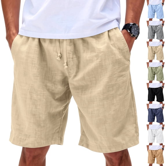 Mens Linen Cotton Elastic Waist Drawstring Shorts Side Pockets Relaxed Fit Knee Length Capris Lightweight Breathable Summer Daily Casual Beach Bottoms , #01 Khaki, M