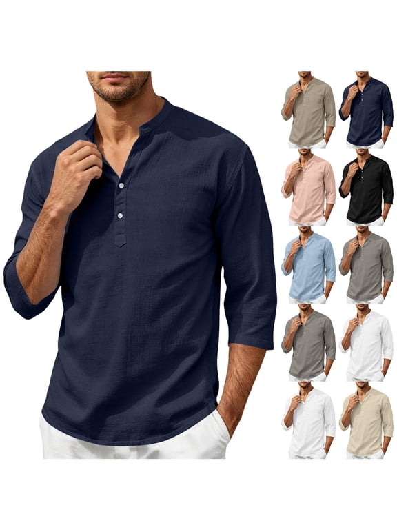 Mens Linen Cotton Henley Shirt 3/4 Sleeve Casual Button down Lightweight Summer Top Regular-Fit Henley T-Shirt Summer Beach Yoga Tops Black M by Awwp