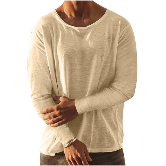 Mens Linen Cotton Long Sleeve T-Shirts Comfy Plain Lightweight Sweatshirts Workout Sports Casual Crewneck Tee Tops