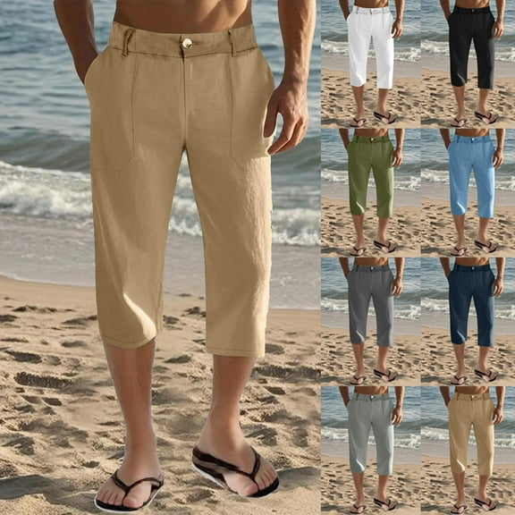 ! Mens Linen Cotton Pants Drawstring Elastic Waist Casual Summer Pants Loose Comfy Lounge Beach Trousers