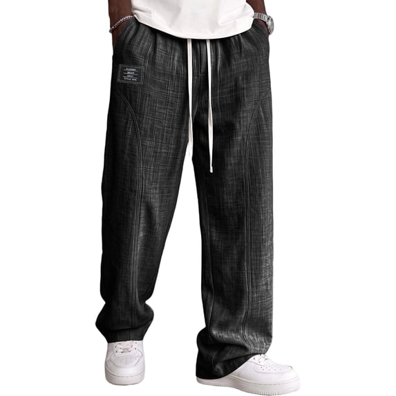 Mens Linen Cotton Pants Drawstring Waist Lightweight Baggy Sweatpants Loose Fit Beach Travel Straight Leg Pants With Pockets