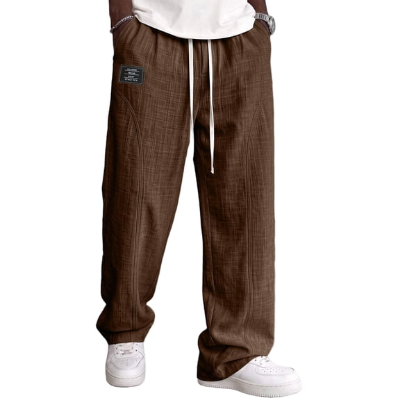 Mens Linen Cotton Pants Drawstring Waist Lightweight Baggy Sweatpants Loose Fit Beach Travel Straight Leg Pants With Pockets