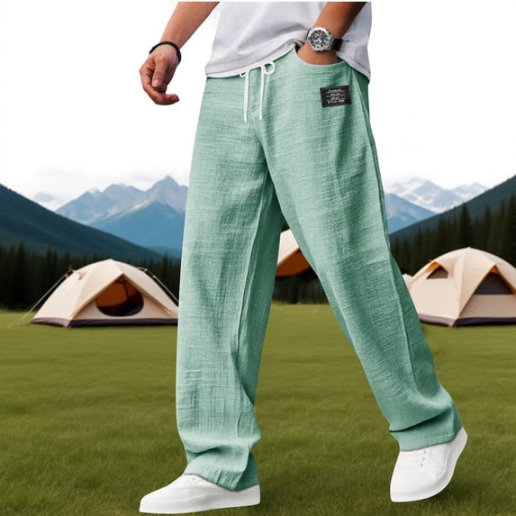 Mens Linen Cotton Pants Drawstring Waist Lightweight Loose Fit Straight Leg Casual Beach Travel Pants M