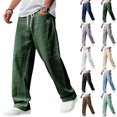 thumbnail image 1 of Mens Linen Cotton Pants Drawstring Waist Lightweight Loose Fit Straight Leg Casual Beach Travel Pants M, 1 of 7