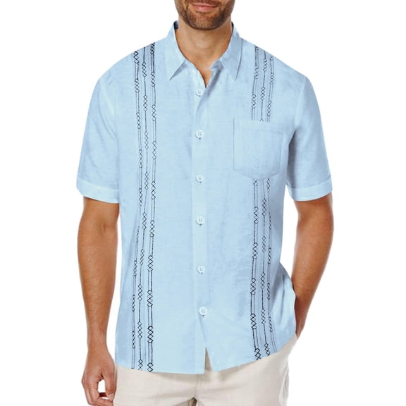Mens Linen Guayabera Shirts Short Sleeve Casual Button Down Shirts Summer Beach Wear