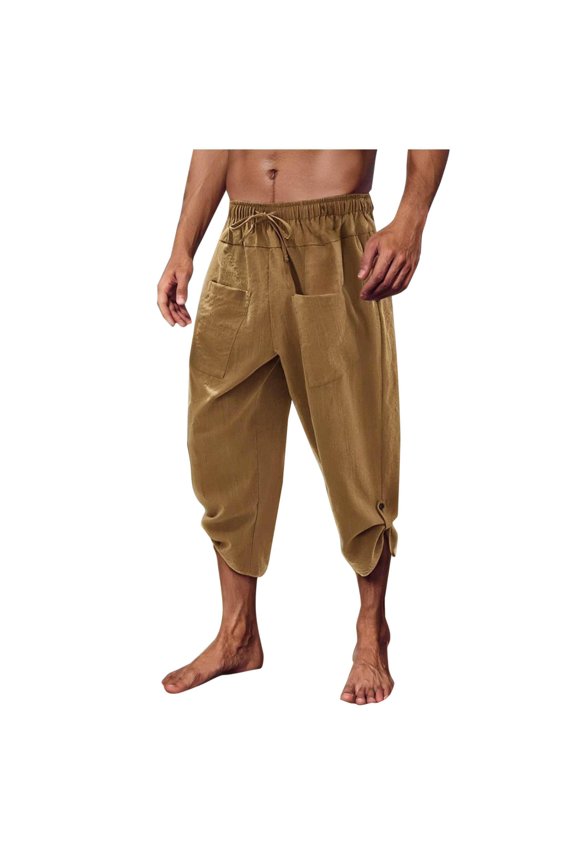 Mens Linen Harem Capri Pants - Drawstring 3/4 Shorts Cuffed Button Casual Beach Yoga Hippie Thai Pants with Pockets Khaki