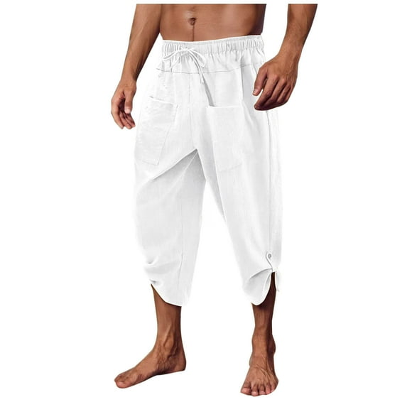 Mens Linen Harem Capri Pants Lightweight Summer Length Adjustable Buckle Pants Casual Beach Hippie Pants