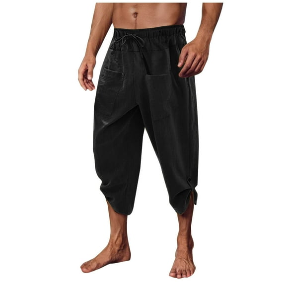 Mens Linen Harem Capri Pants Lightweight Summer Length Adjustable Buckle Pants Casual Beach Hippie Pants