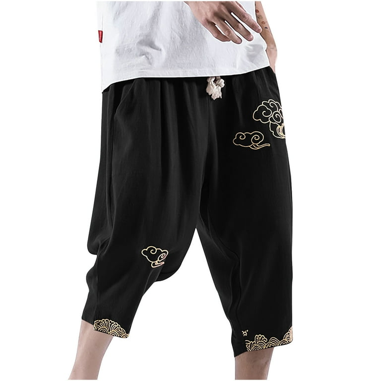 【I AM MARI】Capri cotton biker 3/4 slit pants Mens Linen Harem Capri Pants Summer Casual Loose Fit Capris