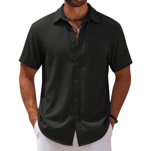 Mens Linen Hawaiian Shirt Short Sleeve Button Down Casual Summer Shirts Black M