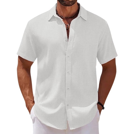Mens Linen Hawaiian Shirt Short Sleeve Button Down Casual Summer Shirts White L