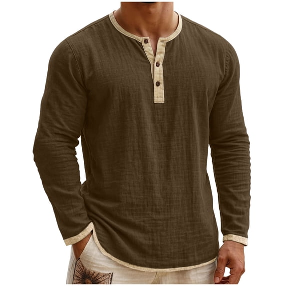 Mens Linen Henley Long Sleeve T-Shirt Color Block 3 Button Casual Tee Shirts Lightweight Basic Shirt