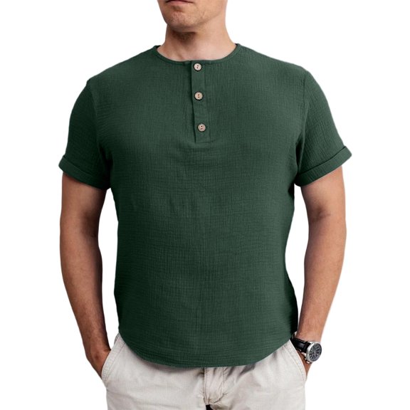 Mens Linen Henley Shirt Cotton Short Sleeve Casual Tee Band Collar Top Summer Beach Size:S-Large