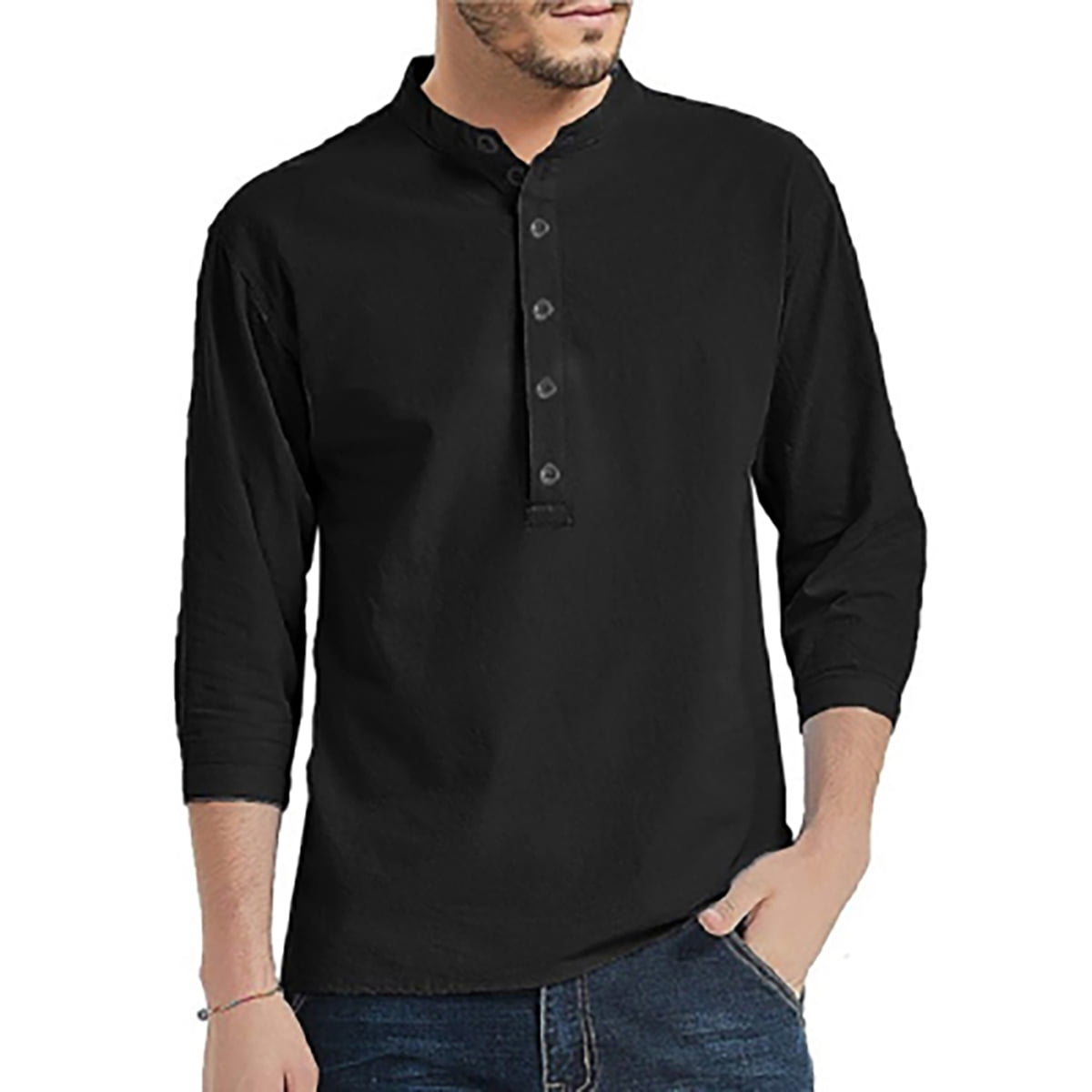 Mens Linen Henley Shirt Long Sleeve Cotton Beach Loose Fit Henleys Tops ...