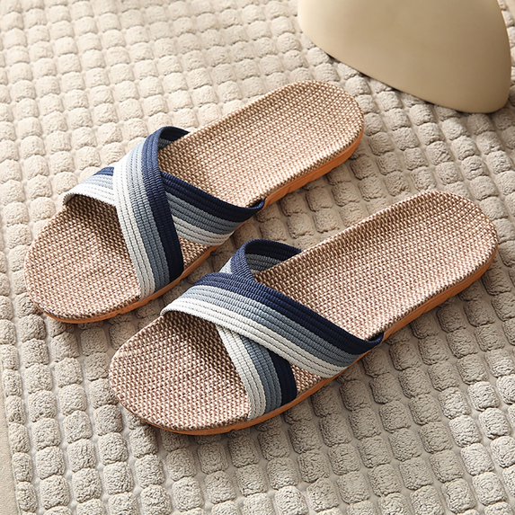 Mens Linen Indoor House Slippers Linen Slipper Summer Breathable Cross‑Band Couple Home Daily Slide Slippers