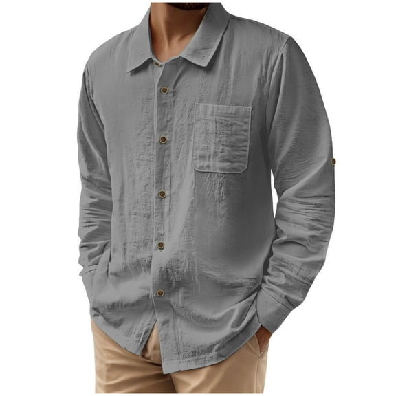 Mens Linen Long Sleeve Button Down Shirts Collared Neck Cuban Guayabera Blouse Casual Spring Work Beach Tops