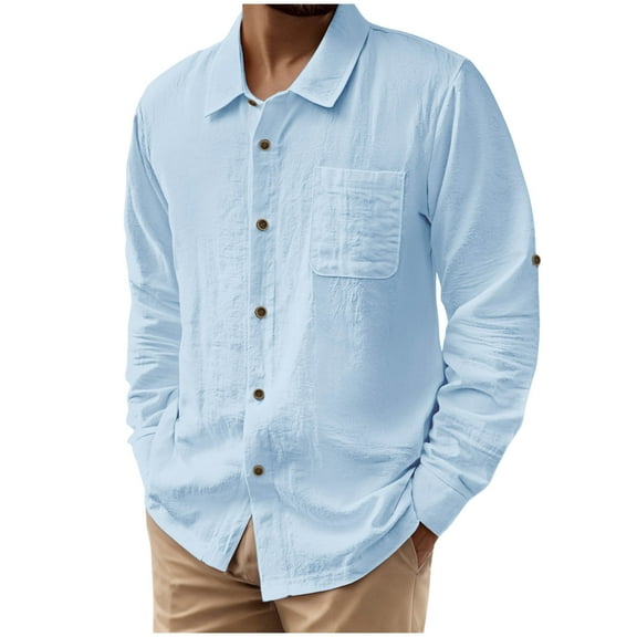 Mens Linen Long Sleeve Button Down Shirts Collared Neck Cuban Guayabera Blouse Casual Spring Work Beach Tops