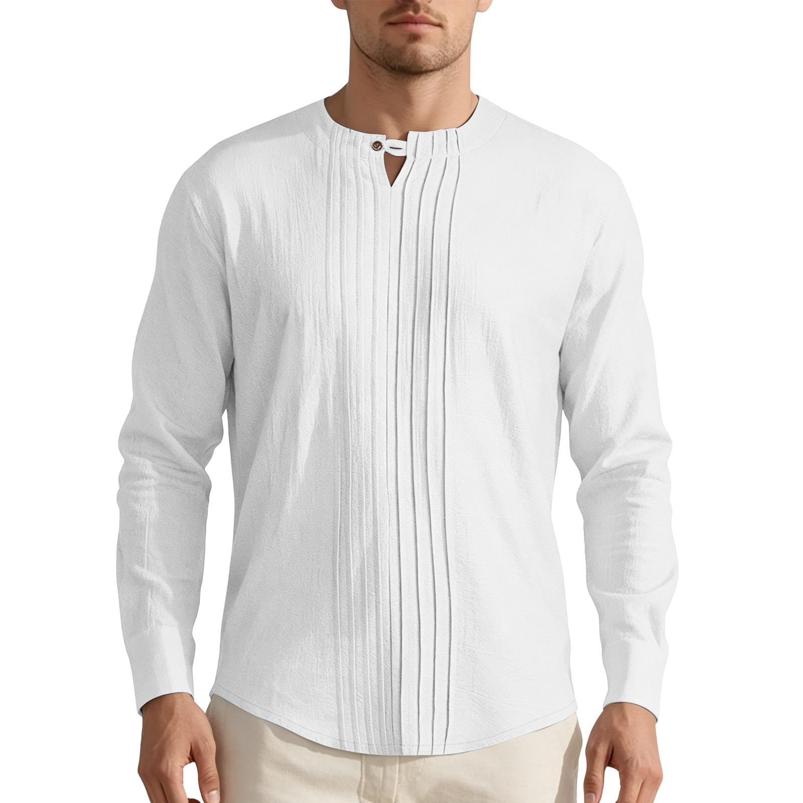 Mens Linen Long Sleeve Shirt Pintuck Pleated Front Band Collar