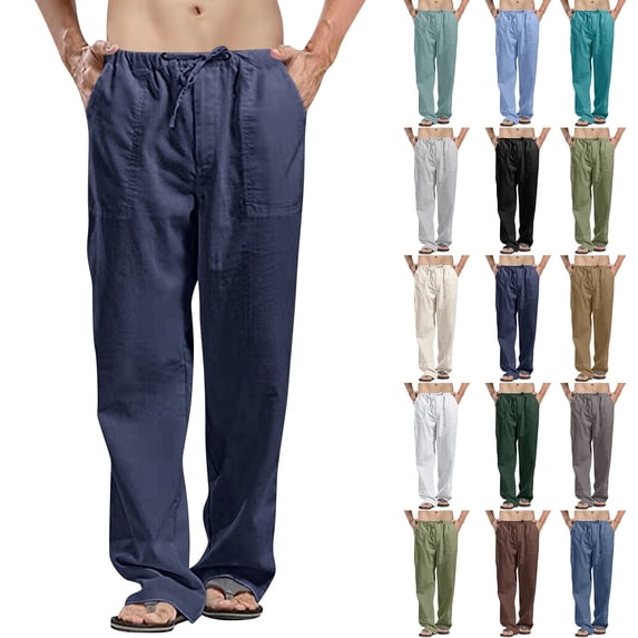 Mens Linen Pants Beach Straight Leg Pants Baggy Drawstring Elastic Waist 2026 Summer Big and Tall Trouser with Pockets Navy XXL
