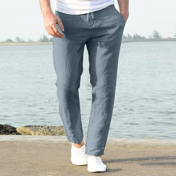 Mens Linen Pants Casual Drawstring Elastic Waist Straight Leg Pants Lightweight Solid Baggy Lounge Trousers
