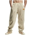 thumbnail image 1 of Mens Linen Pants Casual Elastic Waist Drawstring Lightweight Pant Solid Color Drawstring Daily Thin Trousers with Pockets Khaki S, 1 of 9