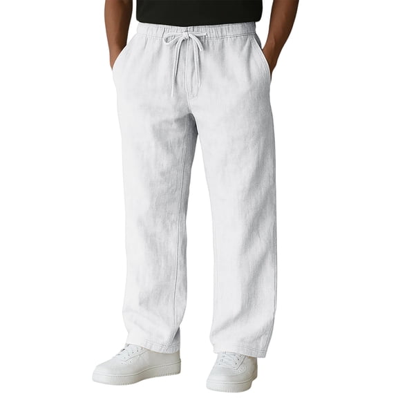 Mens Linen Pants Casual Elastic Waist Drawstring Lightweight Summer Beach Trousers with Pockets White 2XL