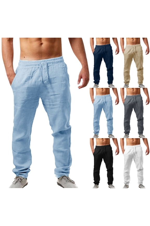 Mens Linen Pants Casual Elastic Waist Drawstring Pants Lightweight Straight-Legs Loose Beach Yoga Pants Mens Linen Pants Loose Trousers Summer Beach Yoga Trouser Linen Pant
