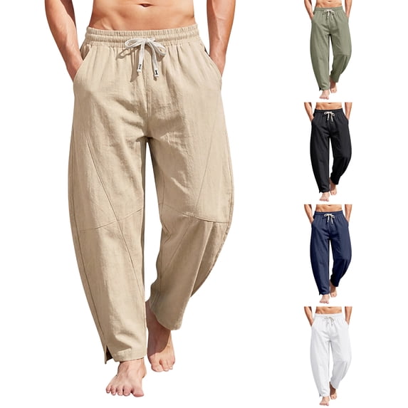 Mens Linen Pants Casual Harem Pants Elastic Waist Drawstring Loose Fit Casual Lightweight Summer Beach Pants with Pockets Baggy Trousers Khaki M