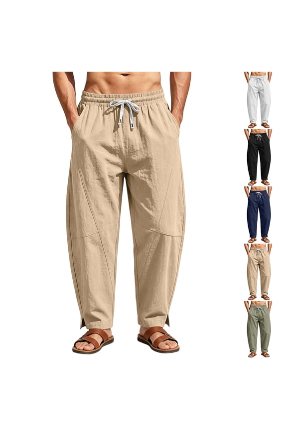 Mens Linen Pants Casual Harem Pants Lightweight Summer Beach Pants Drawstring Vacation Yoga Trousers with Pockets White 3XL