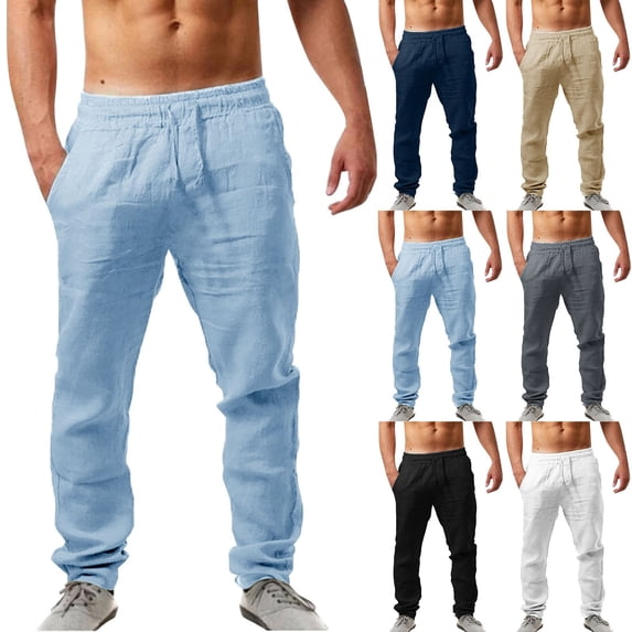 Mens Linen Pants Casual Lightweight Elastic Waist Drawstring Trousers Loose Fit Summer Beach Pants